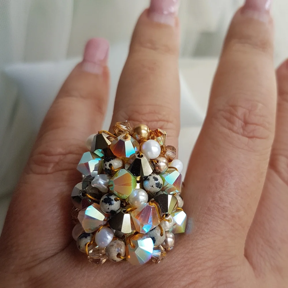 Swarovski Elements Large Dark Brown & Dalmatian Beads Cluster Statement Ring NWT